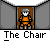 Pixel art animation of a character in orange armor sitting on a brown chair, with yellow spark effects and text below.