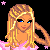 Pixel art contact sheet showing multiple frames of an animated buddy icon featuring a blonde cartoon character in pink attire with star and sparkle effects against black background.