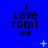 Blue background with repeated black text "I LOVE TOM!" and two heart symbols below, animated by changing green pixel patterns.