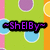 ~SHEIBY~ in purple pixelated text on black banner over green background with blue and purple circles, pink vertical stripe left edge, orange right edge.