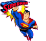 Superman in blue and red costume with yellow belt and red cape flies upward, holding a red and blue 'SUPERMAN' sign above his head against a gray background.