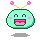 Pixelated green character with pink cheeks, yellow antennae topped with pink flowers, and a wide open mouth showing two of teeth