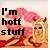 Pixelated image with text 'I'm hott stuff' over a giraffe and pink floral background.