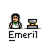 Animated contact sheet of a pixel art character named Emeril interacting with cooking pots across 19 frames showing sequential animation states including stirring, steam effects, and speech bubbles.