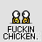 Pixel art animation of two yellow figures with white heads performing sequential actions beneath text reading "FUCKIN CHICKEN."