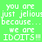 Pixelated text on four colored backgrounds with repeated phrases and exclamation marks.