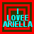 Four identical square display 'I LOVEE ARIELLA' text with red and dark brown concentric borders, cyan lettering on a red background