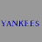 Pixel art contact sheet showing multiple frames of a female character in Yankees-themed cheerleading attire with visible animation changes across sampled frames.