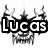 Black and white pixelated icon featuring bold text 'Lucas' with abstract shapes above and below the letters.