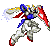 Pixelated robot with blue chest, red shoulder armor, and white smoke effect on left arm against gray background.
