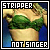 Pixelated square image with black border containing text "STRIPPER" top and "NOT SINGER" bottom, green foliage in a beige pot, blue and yellow background.