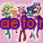 Pixelated anime-style characters on pink background with overlaid text fragments in orange, purple, and red.