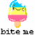Pixelated popsicle icon with blue, yellow, and pink layers; smiling face on yellow section; wooden stick base; "bite me" text below.