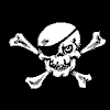 White skull and crossbones icon on black background, repeated in with one additional instance below the main