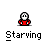Pixel art character in red shirt with white skull face, multiple states showing hunger and starvation effects including speech bubbles and red splatters.