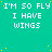 A static image with a teal background displaying repeated text "I'M SO FLY I HAVE WINGS" in white pixelated font, scattered yellow dots, and a solid gray rectangle on the right edge.