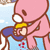 Pixelated cartoon character with pink skin, large white eyes, and brown hair wearing a yellow headband and blue outfit against light blue background.