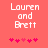 Pixelated text 'Lauren and Brett' in white on coral background with five pink heart symbols below, showing animation change between frames.