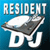 Pixelated blue background with white text 'RESIDENT' above a gray and white object resembling a hat or helmet, and 'DU' below it.