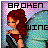 Pixelated static image of a female character with red hair and closed eyes, wearing a dark outfit against a colorful gradient background with partial text "BROKEN" and "WINE" visible.