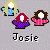 Pixel art of three cartoon figures with text reading 'Josie and the Pussy Cats' on a gray background.