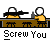 Pixel art of two figures at a bar with one holding a large gun, below which is the text 'Screw You' in blocky font.