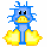 Pixelated blue duck with yellow beak and feet, shown in multiple poses including standing on clouds and emitting flames from its feet.