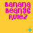 Yellow background with pink pixelated text 'banana beans 96 rules' repeated in a , animated blue plus signs and dots appear at different positions across frames