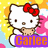 Pixelated Hello Kitty with red bow holding teddy bear, orange text 'Carlee' on purple banner over lower body.
