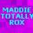 Pixelated cyan text on a purple background, displaying 'MADDIE TOTALLY ROX' in two identical horizontal with no visible animation changes