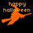 Pixelated orange witch silhouette flying on broomstick with 'happy halloween' text above, black background.
