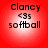 Four identical red circular icons with white gradient centers displaying "Clancy <3s softball" text in black pixelated font.