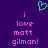 Purple background with green pixelated heart symbol above pink text reading 'i love matt gilman!' in two identical vertical