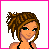 Pixel art contact sheet of a female character in black bikini with pink bows, showing full-body, torso, legs, head, and text variations across 8 frames.