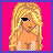 Pixel art of a blonde woman with blue eyes and diamond earrings, wearing a white top with checkered patterns on the chest and skirt, brown boots, and a patterned bag against a pink background.