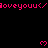 Pixelated pink text and hearts on black background with gray corner overlay, animated as repeated patterns shift vertically.
