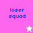 Pixelated text 'loser squad' in blue on pink and white backgrounds with a white star icon on pink and a pink star icon on white.