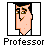 Pixelated cartoon character icon with peach skin, black hair, and glasses inside a black border frame above the word 'Professor' in blocky text.