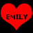 Two red heart shapes with black text 'EMILY' inside each, displayed side-by-side on a black background.