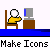 Pixel art sequence showing a yellow figure with white head at desk, transitioning from full desktop view to icon editor interface with cursor and color palette.