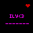 Pixelated icon with black background, pink text "ILY<3", and red heart/sparkle animations.