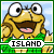 Pixelated cartoon frog with large eyes and open mouth, wearing green clothing against a blue sky background.