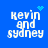Blue background with white pixelated text 'kevin and sydney' in four quadrants, each with distinct animated particle effects.