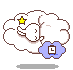A cartoon elephant sleeps on a cloud with a yellow star above its head, while a blue cloud with a clock symbol appears below.