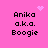Pixelated pink background with black text reading "Anika a.k.a. Boogie" in four identical quadrants, each with a small pink heart or starburst symbol.