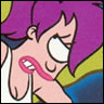 Cartoon character with purple hair, pink lips, and a large white eye, holding a pink object near their mouth.