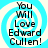 Four identical pixelated display "You Will Love Edward Cullen!" text over a blue and white spiral background