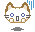 Pixel art cat head with brown and light blue fur variations, blue eyes, black mouth, whiskers, and gray cloud shapes below.
