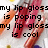 Pixelated image of a person with red lips and orange skin, overlaid with black text reading "my lip gloss is popping my lip gloss is cool".