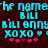 Pixelated cyan text and pink symbols on dark background, repeating 'BILI', 'bili benny', 'XOXO', hearts, and stars in two mirrored